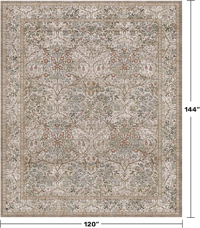 Washable Living Room Rug 10x12 - Moss Green Oriental Area Rug for Dining Room Under Table, Low Pile Non-Slip Floor Carpet for Bedroom Under Bed - Vintage Earthy Design & Stain Resistance