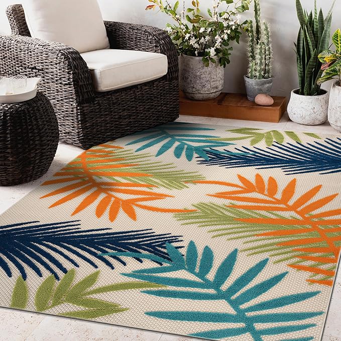 Rugshop Evora Palm Frond Non-Shedding Easy Cleaning Patio Deck Backyard Indoor/Outdoor Area Rug 4' X 6' Multi
