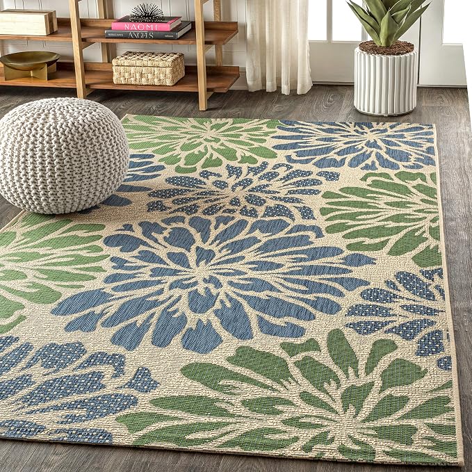 JONATHAN Y Floral Textured Weave Indoor Outdoor Area Rug 10X14 Navy/Green, Zinnia Modern for Backyard, Patio, Porch, Easy-Cleaning, High Traffic, Pet-Friendly, Non-Shedding (SMB110B-14)