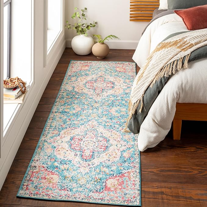 Livabliss Area Rugs - 3x7 Romaine Vintage Boho Navy Sky Blue Rose Runner Area Rug for Living Room Bedroom - Floral Medallion Stain Resistant Carpet for Kitchen, Nursery, Office (2'7" x 7'6", Runner)