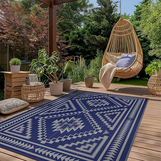 GENIMO Outdoor Rug for Patio Clearance - 5x8 ft Waterproof Plastic Camping Rugs, Reversible Outside Rv Mat Carpet for Porch, Deck, Picnic, Balcony, Beach, Backyard, Blue Grey