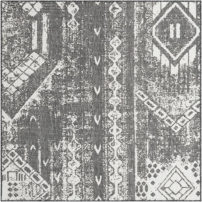 Unique Loom Outdoor Bohemian Collection Area Rug - Anthro (5' 3" Square, Charcoal Gray/ Ivory)