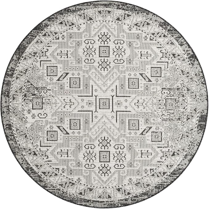 Unique Loom Outdoor Aztec Collection Area Rug - Coba (6' 1" Round Charcoal Gray/Ivory)