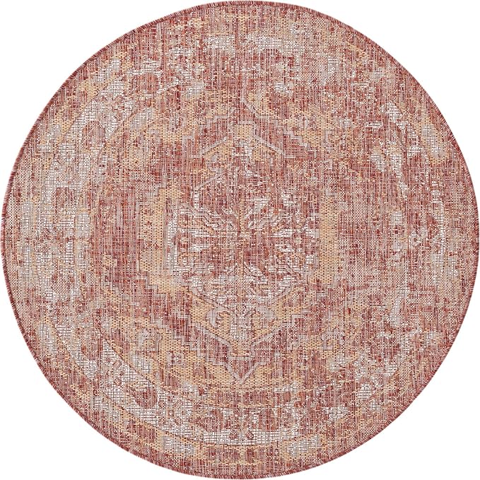 Unique Loom Outdoor Traditional Collection Area Rug - Valeria (4' 1" Round, Rust Red/ Ivory)