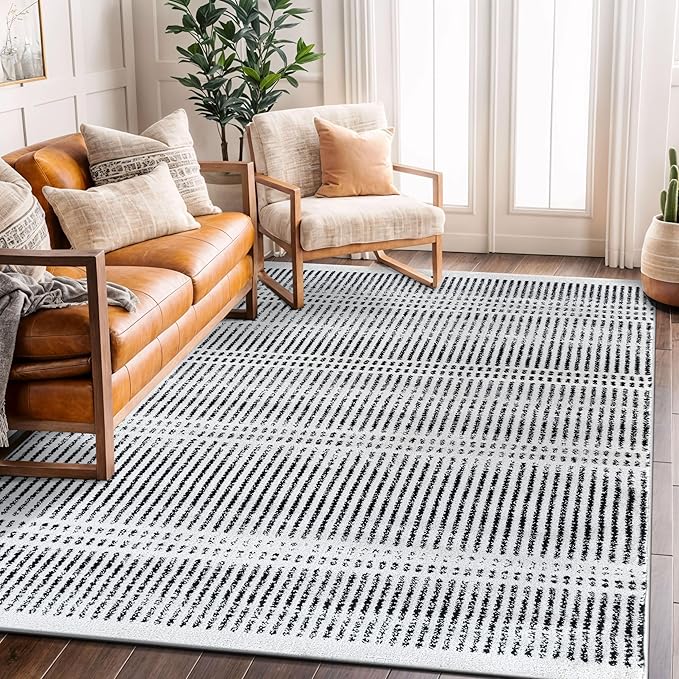 Rugshop Contemporary Stripe Lines High Traffic Area Rug Cream 5' x 7' | Rectangular, Size 5' x 7', Living Room, Bedroom, Dining Room, Home Office, Kitchen, Entryway, Hallway, Nursery, Kids Room