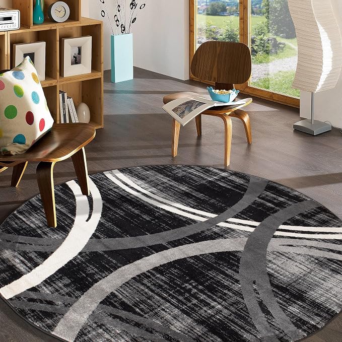 Rugshop Wavy Circles Modern Non-Shedding Living Room Round Rug Black 6'6" | Round, Bedroom, Dining Room, Home Office, Kitchen, Entryway, Hallway, Nursery, Kids Room, Guest Room, High Traffic Area