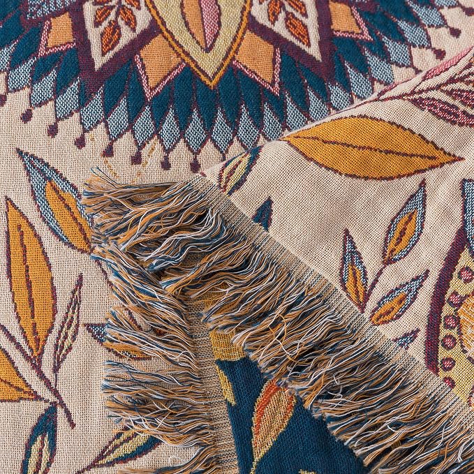 Phuryllic Boho Throw Blanket Queen Size, Soft Cozy Cotton Muslin Quilt Blanket for Bed Decor, Floral Patterned Couch Sofa Chair Cover, Vintage Farmhouse Cottage Tapestry Woven Blanket, Beige&Blue