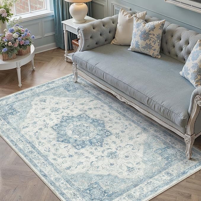 Blue 3x5 Washable Area Rug Entryway Vintage Oriental Doormat | Soft Low Pile, Non Slip, Stain Resistant, Floral Medallion, Neutral Retro Decor for Kitchen, Bathroom, Bedroom, Office
