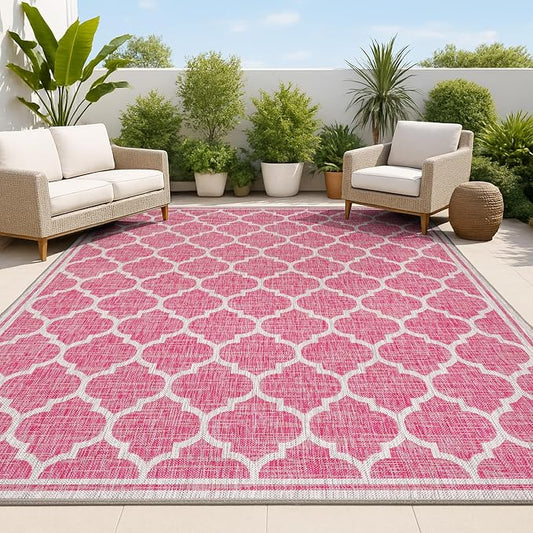 JONATHAN Y Moroccan Trellis Indoor Outdoor Area Rug 8X10 Fuchsia/Light Gray, Trebol Textured Weave for Backyard, Patio, Porch, Easy-Cleaning, High Traffic, Pet-Friendly, Non-Shedding (SMB109H-8)
