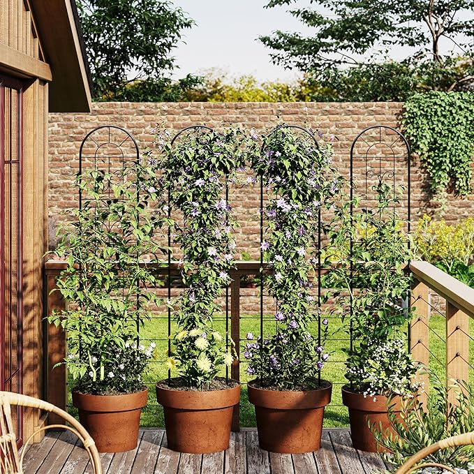 GarveeTech 4 PCS 55x11 in Black Metal Garden Trellis - Rustproof Climbing Plant Support for Roses, Vines, Vegetables & Flowers - Indoor/Outdoor Trellis for Potted Plants, Houseplants & Patio Gardening