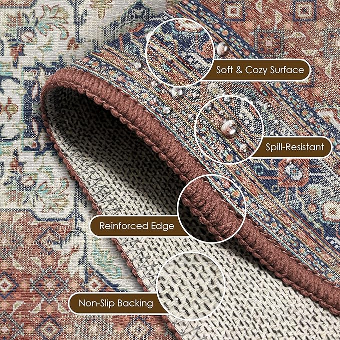 Washable Area Rug 2'6'' x 8' Vintage Traditional Persian Mat - Foldable Distressed Non-Slip Machine Washable Carpet for Living Room Bedroom Kitchen Home Decor - Terracotta and Navy