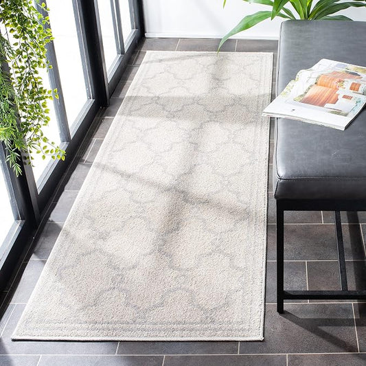 SAFAVIEH Amherst Collection Runner Rug - 2'3" x 15', Ivory & Light Grey, Trellis Design, Non-Shedding & Easy Care, Ideal for High Traffic Areas in Living Room, Bedroom (AMT414E)