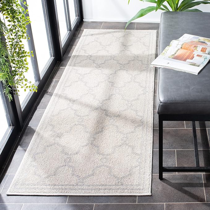SAFAVIEH Amherst Collection Runner Rug - 2'3" x 11', Ivory & Light Grey, Trellis Design, Non-Shedding & Easy Care, Ideal for High Traffic Areas in Living Room, Bedroom (AMT414E)