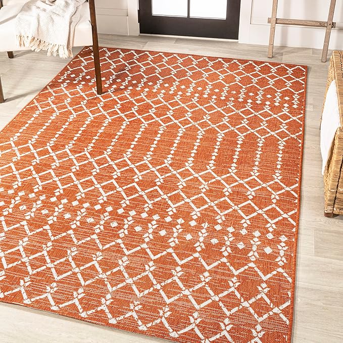 JONATHAN Y Moroccan Geometric Indoor Outdoor Area Rug 8X10 Orange/Cream, Ourika Textured Weave for Backyard, Patio, Porch, Easy-Cleaning, High Traffic, Pet-Friendly, Non-Shedding (SMB108P-8)