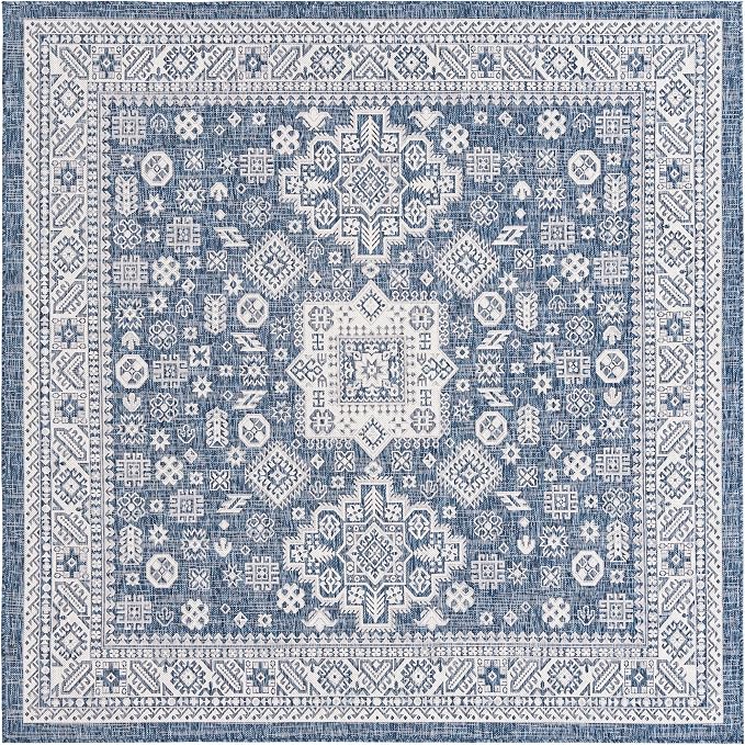 Unique Loom Outdoor Aztec Collection Area Rug - Chalca (7' 10" Square, Blue/ Ivory)