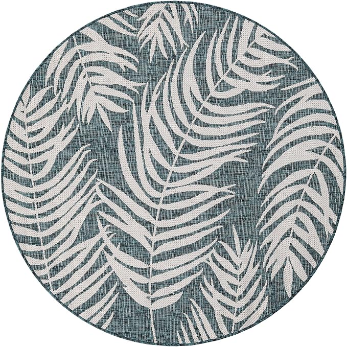 Unique Loom Outdoor Botanical Collection Area Rug - Palm (5' 3" Round Teal/Ivory)