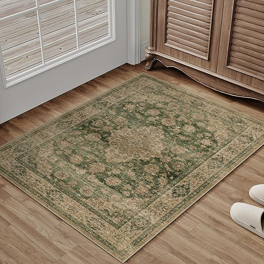 HUGEAR 2x3 Entryway Area Rug Retro Green Small Rug Machine Washable Door Mat Vintage Floral Low Pile Carpet Distressed Throw Rug Entrance Kitchen Bathroom Bedroom Office Non Slip Soft Lightweight