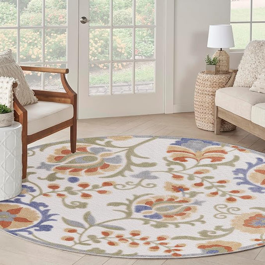 Nourison Home Aloha Ivory Blue 5'3" x Round Area Rug - Easy Clean, Non Shedding, Bed Room, Living Room, Dining Room, Kitchen (5' x Round)