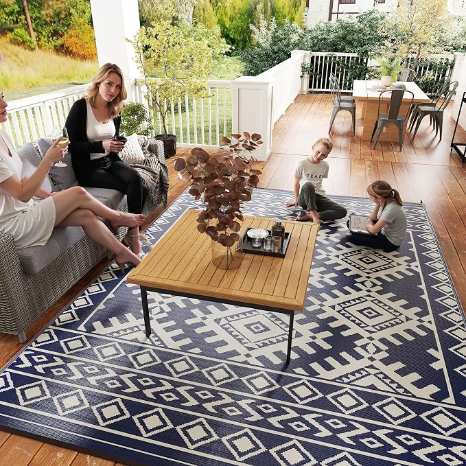 Outsunny Outdoor Rug for Patio, 9' x 12' Waterproof Large Mat, Reversible Plastic Straw Rug for Decor, Portable Outside RV Camping Area Carpet Mat for Backyard Porch Deck Picnic, Blue & White Rhombus