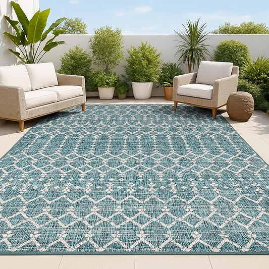 JONATHAN Y Moroccan Geometric Indoor Outdoor Area Rug 4X6 Teal/Gray, Ourika Textured Weave for Backyard, Patio, Porch, Easy-Cleaning, High Traffic, Pet-Friendly, Non-Shedding (SMB108C-4)