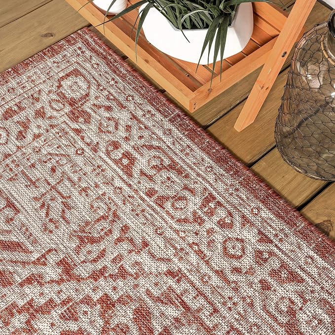 JONATHAN Y Medallion Weave Indoor Outdoor Square Area Rug 6X6 Red/Taupe, Sinjuri Textured for Backyard, Patio, Porch, Easy-Cleaning, High Traffic, Pet-Friendly, Non-Shedding (SMB101A-6SQ)