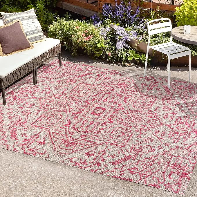 JONATHAN Y Boho Medallion Indoor Outdoor Area Rug 4X6 Light Gray/Fuchsia, Estrella Textured Weave for Backyard, Patio, Porch, Easy-Cleaning, High Traffic, Pet-Friendly, Non-Shedding (SMB105F-4)