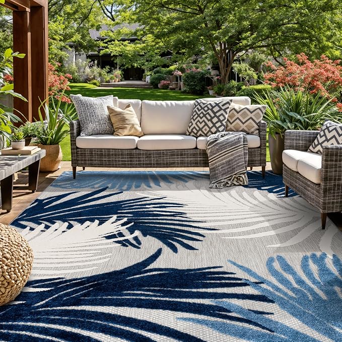 Rugshop Navy Lucca Contemporary Floral Indoor/Outdoor Area Rug Durable Polypropylene, Weather Resistant, Easy to Clean for Backyard, Deck and Outdoor Lounge 8'8" x 12'