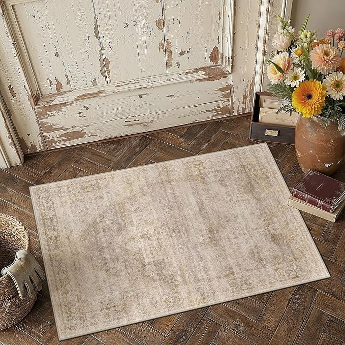 2x3 Beige Farmhouse Area Rug | Washable, Non Slip, Soft Low Pile, Neutral Vintage, for Entryway Kitchen Bathroom Living Room Bedroom Indoor Home Decor
