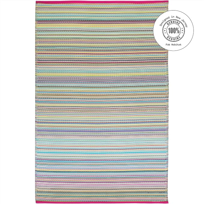 Fab Habitat Outdoor Rug - Waterproof, Fade Resistant, Crease-Free - Premium Recycled Plastic - Striped - Porch, Deck, Balcony, Mudroom, Laundry Room, Patio - Cancun - Candy - 3 x 5 ft