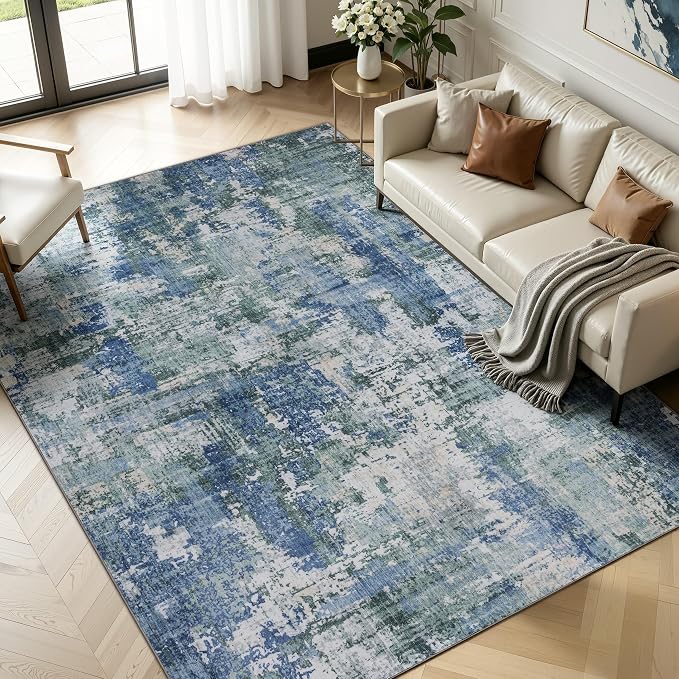 Sasttie 8x10 Washable Area Rug, Modern Abstract Large Rug, Blue & Green | Ultra-Soft Faux Wool, Machine Washable, Low Pile, Non-Slip, Lightweight, Thin, for Living Room, Bedroom, Dinning Room & Dorm