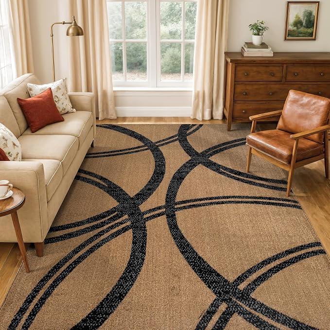 Rugshop Wavy Circles Modern Non-Shedding Area Rug Jute 5'3" x 7'3" | Rectangular, Size 5'3" x 7'3", Living Room, Bedroom, Dining Room, Home Office, Kitchen, Entryway, Hallway, Nursery, Kids Room