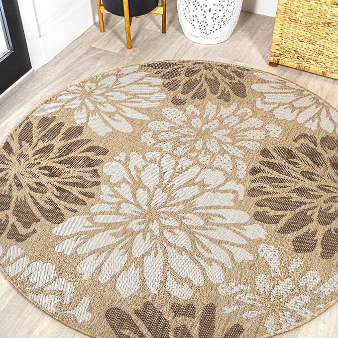 JONATHAN Y Floral Textured Weave Indoor Outdoor Round Area Rug 3 Ft Brown/Cream, Zinnia Modern for Backyard, Patio, Porch, Easy-Cleaning, High Traffic, Pet-Friendly, Non-Shedding (SMB110I-3R)
