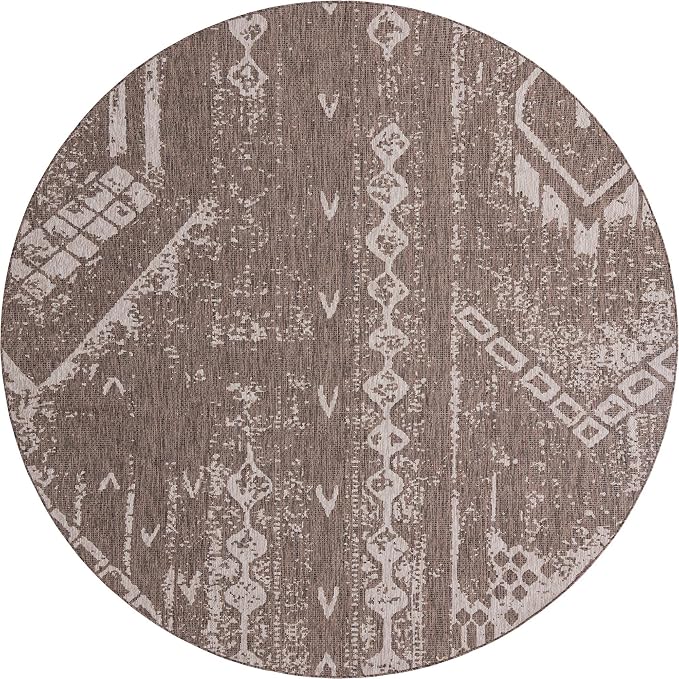 Unique Loom Outdoor Bohemian Collection Area Rug - Anthro (10' 8" Round, Brown/ Ivory)