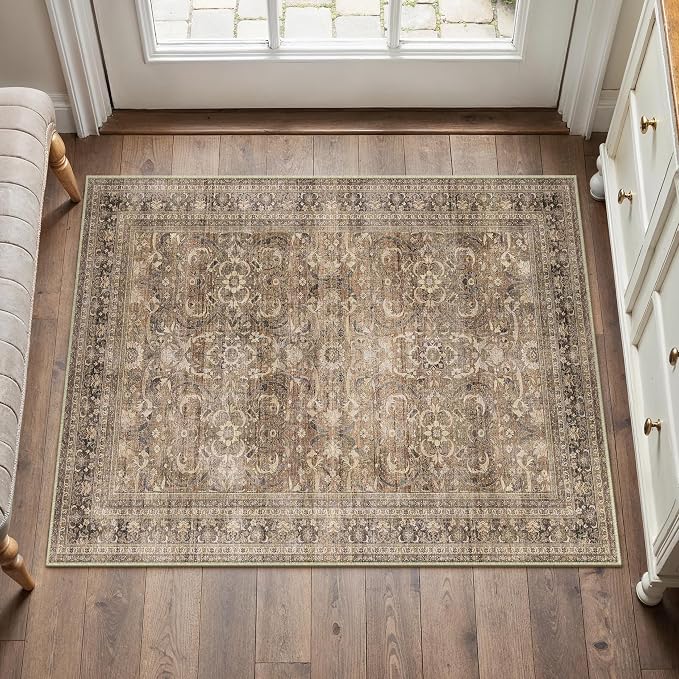 2x3 Brown Vintage Distressed Washable Area Rug for Entryway | Low Pile, Non Slip, Retro Style, Soft Distressed Indoor Rug for Entryway, Kitchen, Bathroom, Door Mat, Home Decor