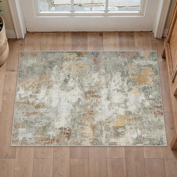 2x3 Grey Orange Modern Abstract Washable Area Rug for Entryway | Low Pile, Non Slip, Modern Abstract Style, Soft Indoor Rug for Entryway, Kitchen, Bathroom, Door Mat, Home Decor