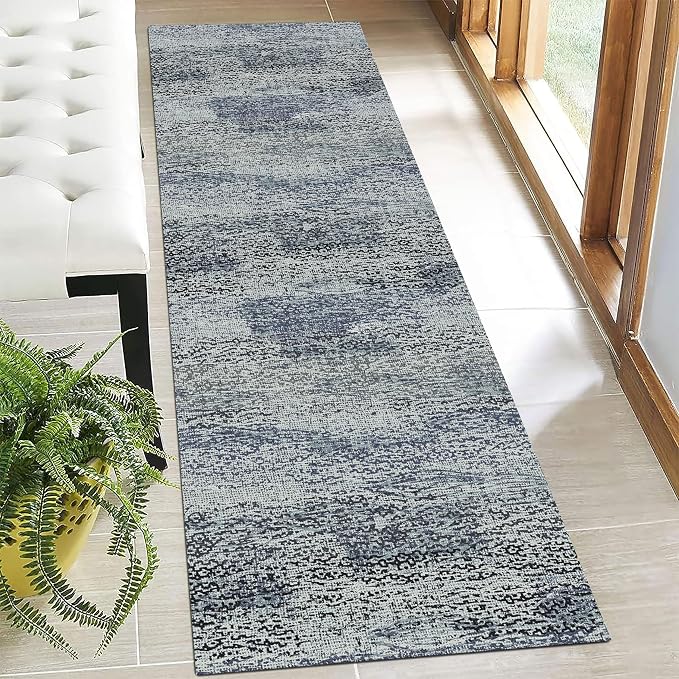 Washable Area Rug - 1/6 Thick - Stain & Water Resistant Non-Slip - Resistant Rug for Living Room, Bedroom, Nursery, Pet & Child Friendly, Vintage Charm Area Rugs (Grey+LightTeal, 2'6'' x 8')
