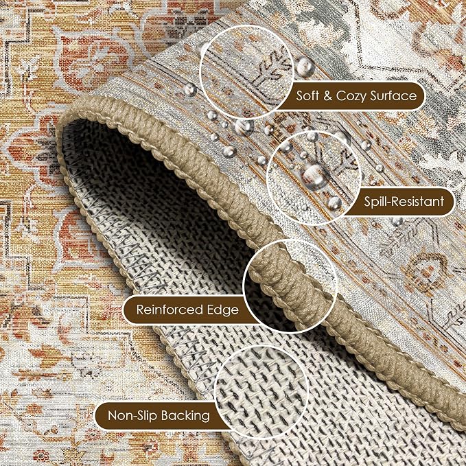 Washable Area Rug 8' x 10' Vintage Traditional Persian Mat - Foldable Distressed Non-Slip Machine Washable Carpet for Living Room Bedroom Kitchen Home Decor - Dove Gray and Coral