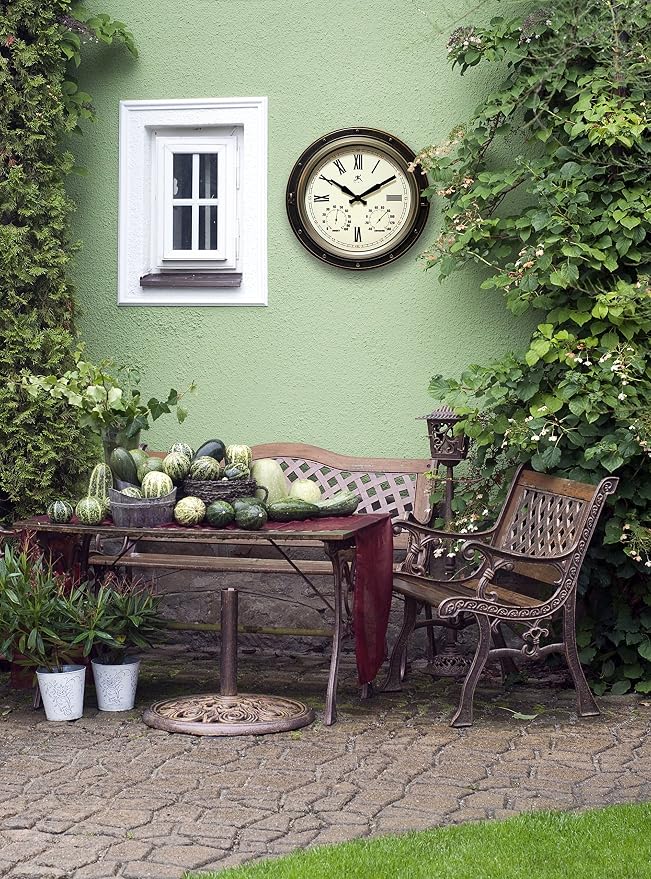 Infinity Instruments Forecaster Indoor/Outdoor Wall Clock, Thermometer, Hygrometer combo, Stylish Durable Waterproof Weather Station for your Home, 16 Inch, Bronze