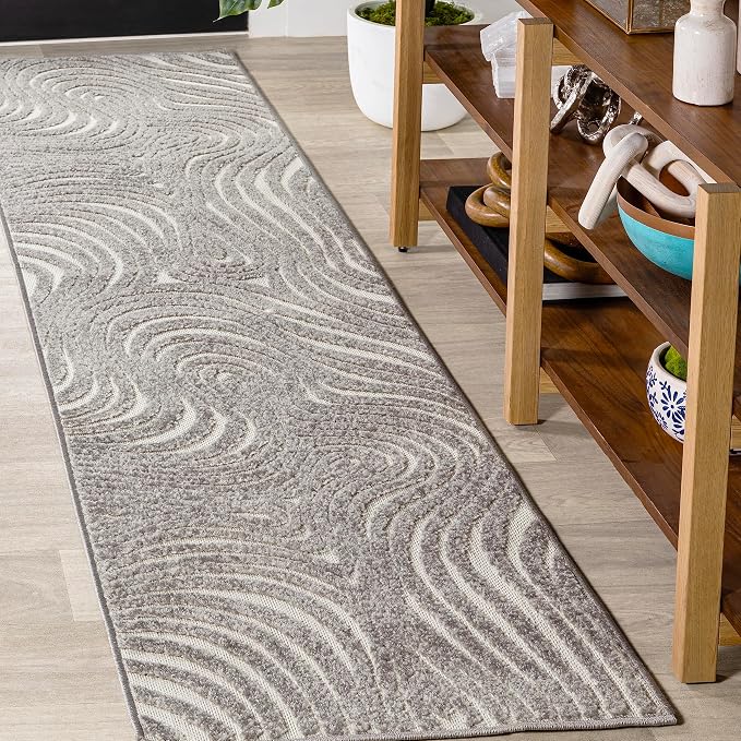 JONATHAN Y Maribo High-Low Abstract Striped Indoor/Outdoor Runner Rug 2x8, Gray, Contemporary, Modern, Vintage, Bohemian for Bedroom,Kitchen,Living Room,Non Shedding,Easy-Washing (SCN103B-28)