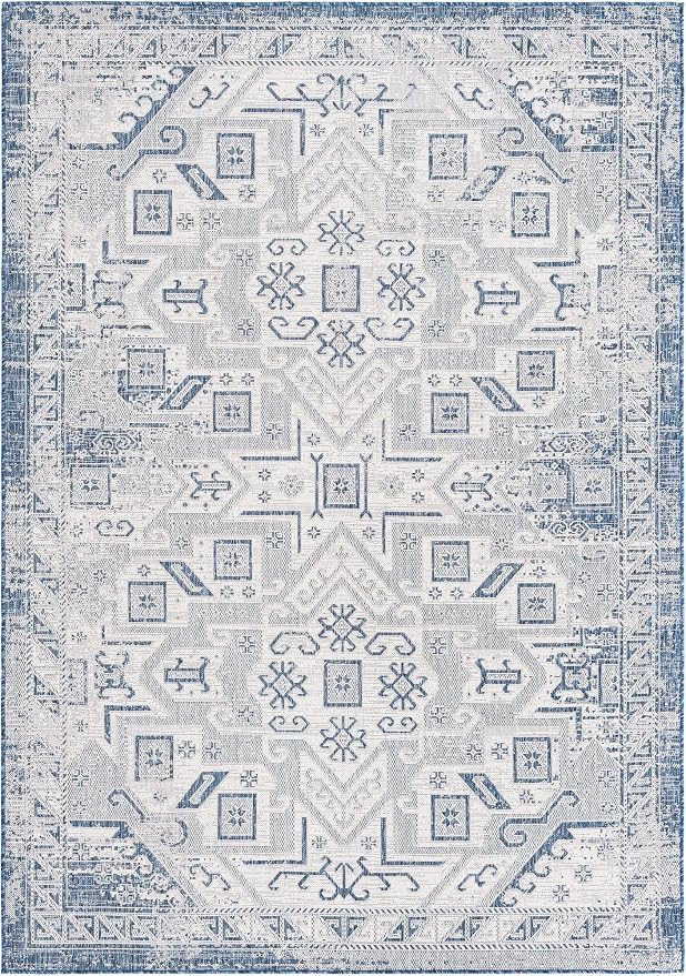 Unique Loom Outdoor Aztec Collection Area Rug - Coba (7' 1" x 10' Rectangle, Blue/ Ivory)