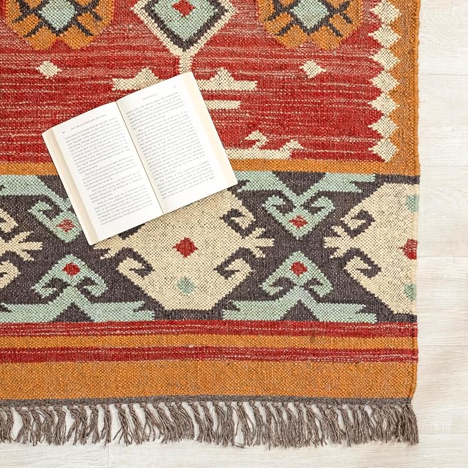 Jute Traditional Kilim Rug Boho Flatweave Area Rug for Living Room, Living Room Entryway, Tribal Series, 2'x20'