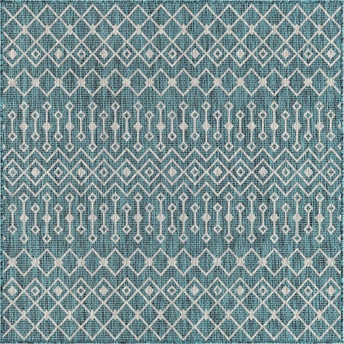 Unique Loom Outdoor Trellis Collection Area Rug - Tribal Trellis (7' 10" Square, Teal/ Ivory)