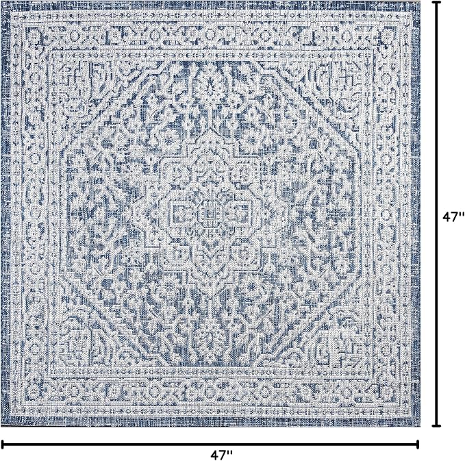 JONATHAN Y Medallion Weave Indoor Outdoor Square Area Rug 4X4 Navy/Gray, Sinjuri Textured for Backyard, Patio, Porch, Easy-Cleaning, High Traffic, Pet-Friendly, Non-Shedding (SMB101B-4SQ)