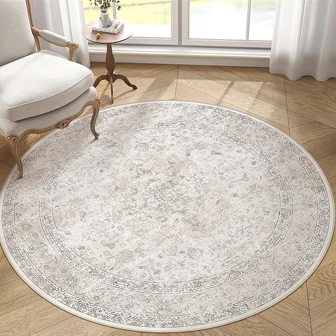 6R Washable Round Rug Beige Grey Non Slip Vintage Carpet | Low Pile, Stain Resistant, Living Room, Kitchen, Bedroom, Nursery, Office, Dining Room, Soft, Large, Lightweight