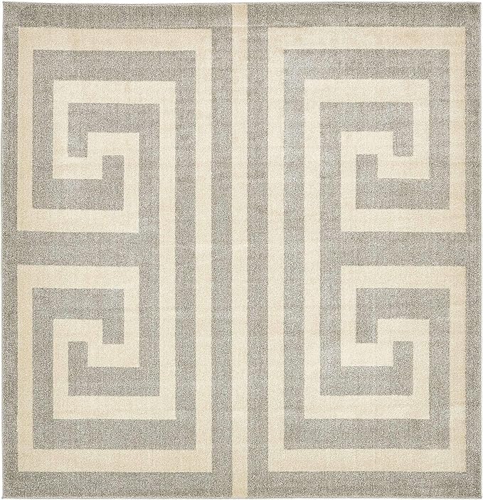 Unique Loom Athens Collection Classic Geometric Modern Border Design Area Rug (8' 0 x 8' 0 Square, Gray/ Beige)