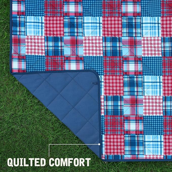 Weatherproof Vintage Waterproof Outdoor Blanket- Blue and Red Roll Up Throw Blanket with Handle, Velcro Closure - Camping Supplies, Travel Blanket for Beach, Picnic & Events, 60"x72" (Madras)