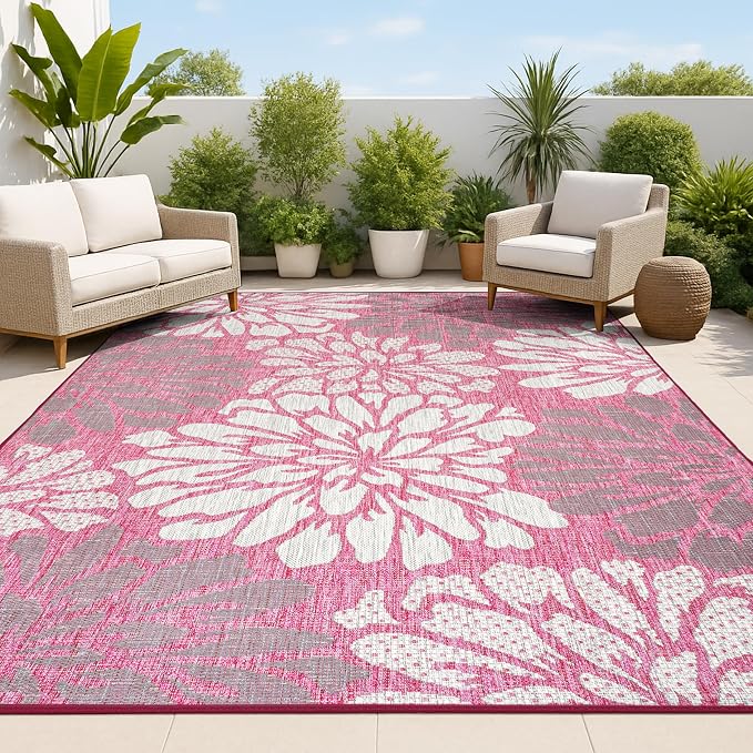JONATHAN Y Floral Textured Weave Indoor Outdoor Area Rug 5X8 Fuchsia/Light Gray, Zinnia Modern for Backyard, Patio, Porch, Easy-Cleaning, High Traffic, Pet-Friendly, Non-Shedding (SMB110F-5)
