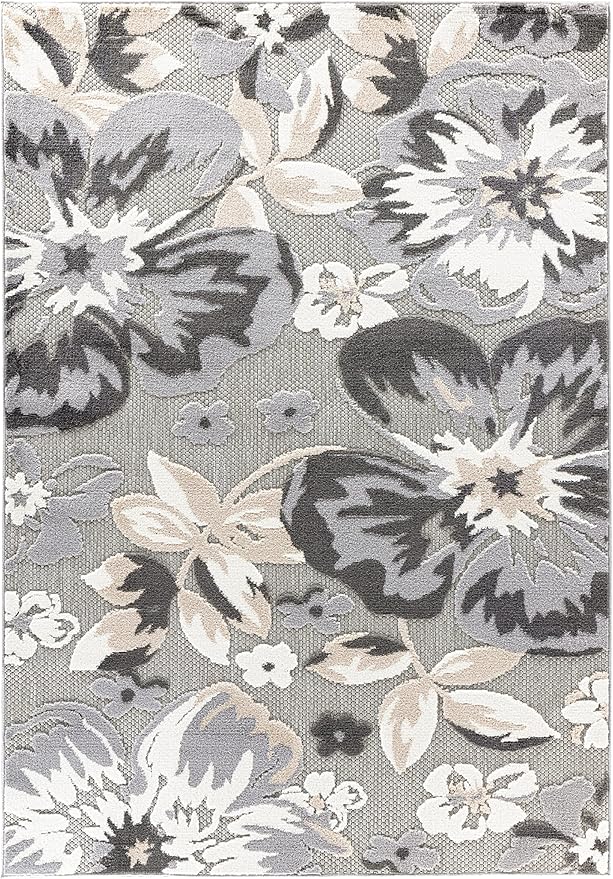 Rugshop Bergamo Contemporary Floral Non-Shedding Easy Cleaning Patio Deck Backyard Indoor/Outdoor Area Rug 8' 8" X 12' Gray
