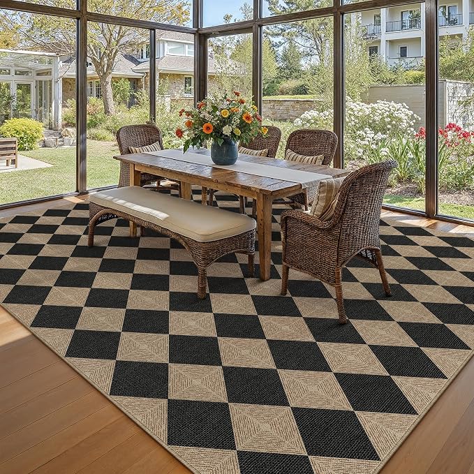 PureCozy 8x10 Checkered Easy Jute Area Rug for Living Room Large Checkerboard Washable Indoor Outdoor Carpet Farmhouse Patio Office Mat Textured Diamond Non Slip Black Carpet for Backyard Dining Room