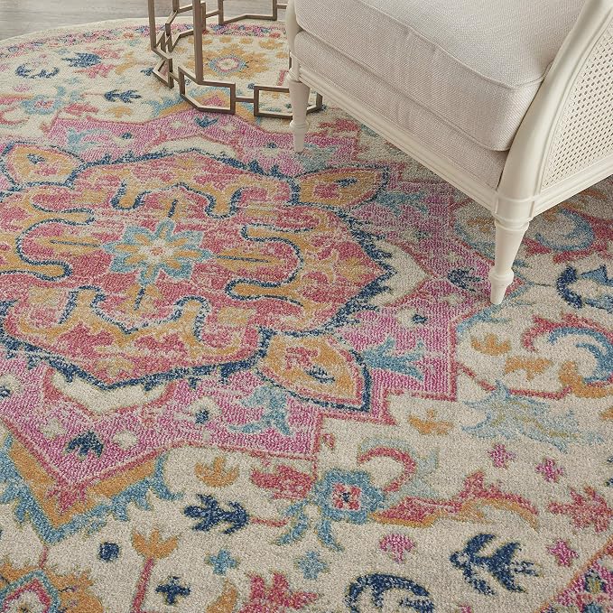 Nourison Home Passion Ivory Pink 8' x Round Area Rug - Easy Clean, Non Shedding, Bed Room, Living Room, Dining Room, Kitchen (8' x Round)